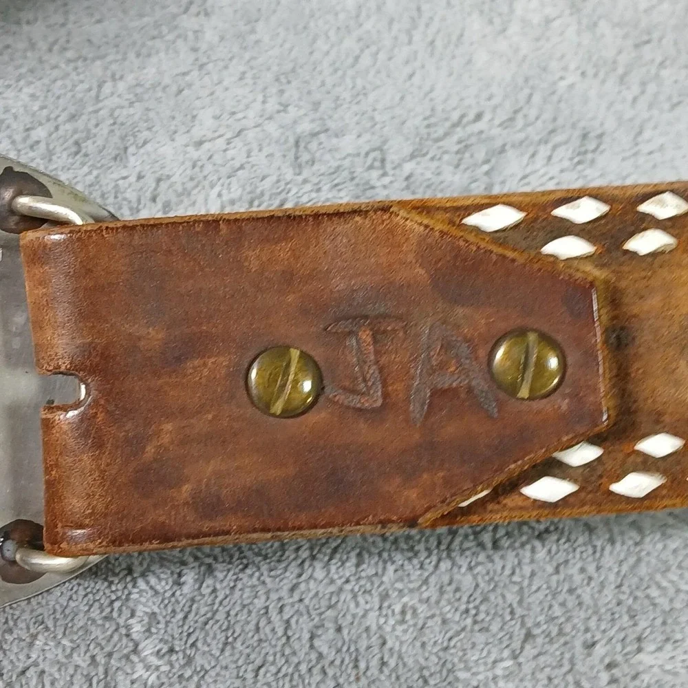 Vintage Dale Western Belt & Buckle Mens Floral Tooled Leather Inlay Chip 